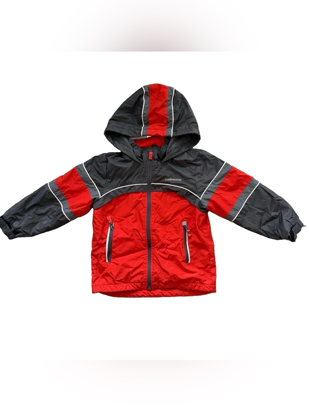 LONDON FOG Youth Boys Small Hooded Winter Jacket Gray Red Fleece Lined Size 6
